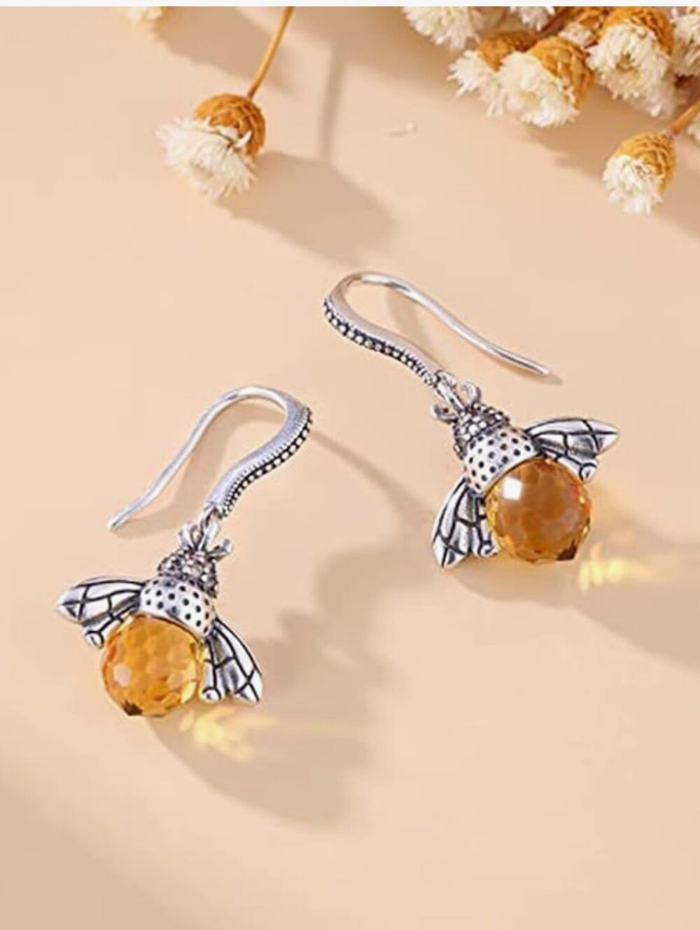 Queen Bee Silver Plated Yellow Crystal Dangle Earrings